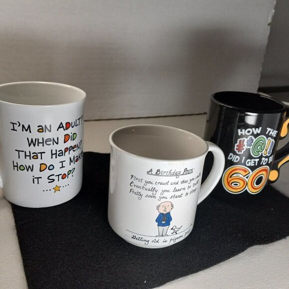 Birthday Mugs Birthday Poem, 60? Adult? Make it stop Mugs Granny chic mugs kitsc - Picture 1 of 8